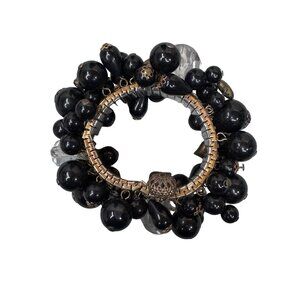 Vintage BOHO Chunky Black Art Deco Cluster Stretch Bracelet Gold Tone 1950s Bead
